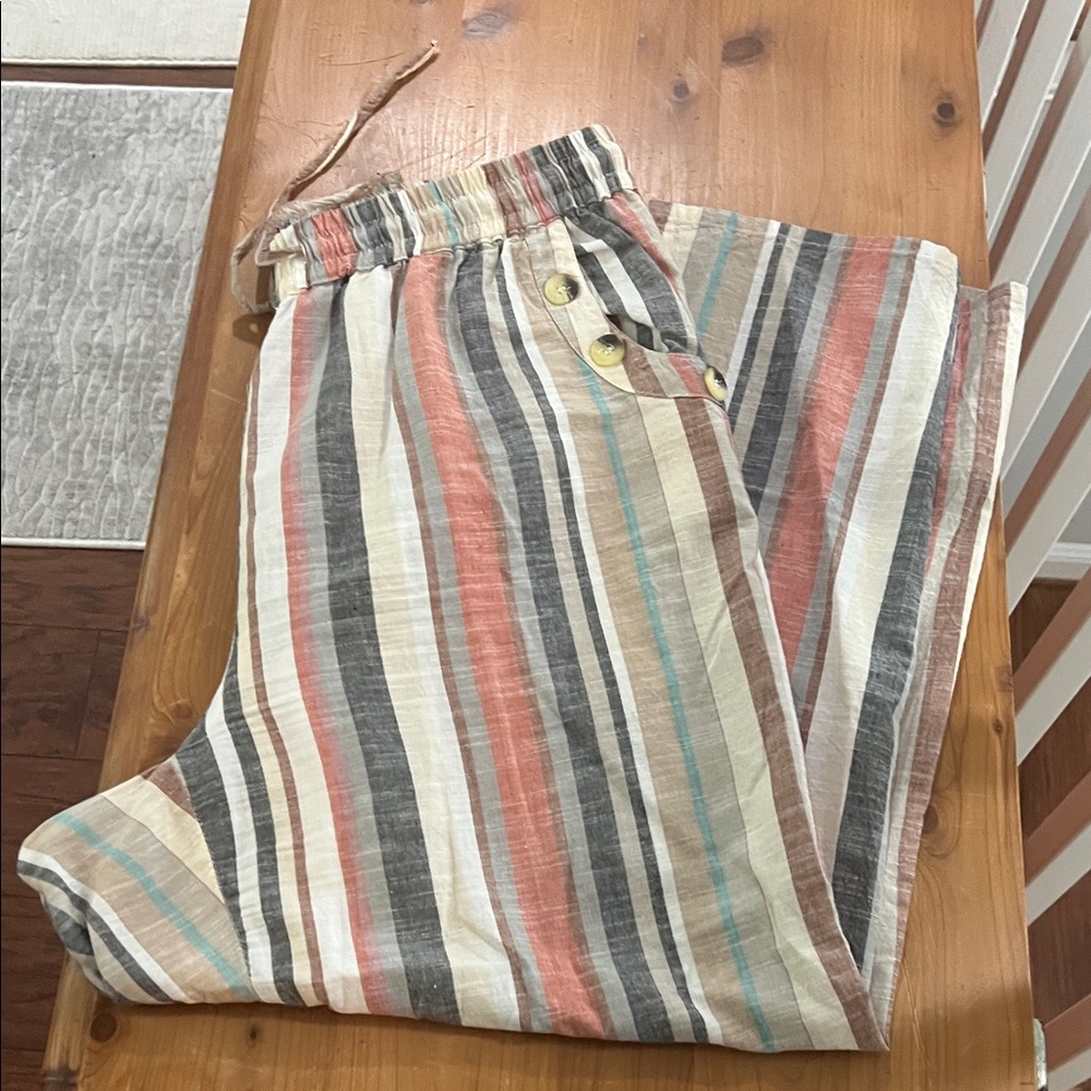 Striped Linen Pants with Button Detail